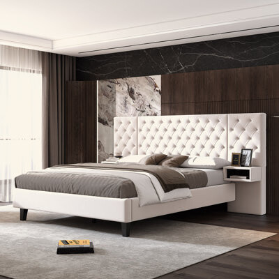 Queen Size Platform Bed With Headboard, Modern Velvet Upholstered Platform Bed With 2 Nightstands, With Diamond Tufted, Beige