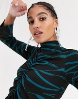Thumbnail for your product : Another Reason high neck crop top with front rouching in teal zebra co-ord