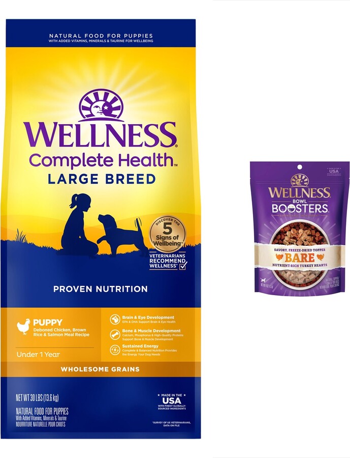 Wellness Large Breed Complete Health Puppy Deboned Chicken, Brown Rice & Salmon Meal Recipe Dry Dog Food, 30-lb bag + Wellness CORE Bowl Boosters Bare Turkey Freeze-Dried Dog Food Mixer or Topper, 4-oz bag