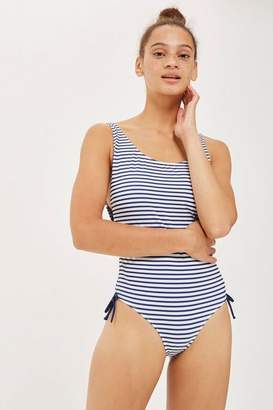 Topshop Navy Blue Striped Side Ruched Swimsuit