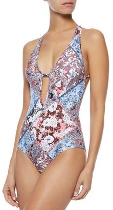 Jets Poetic Plunge Cutout Printed Swimsuit