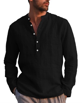 LVCBL Mens Casual Cotton Shirt Long Sleeve Band Collar Henley Shirt Tops