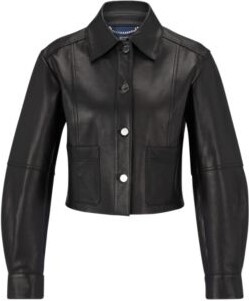 HUGO BOSS Cropped button-up leather jacket bonded with denim - ShopStyle