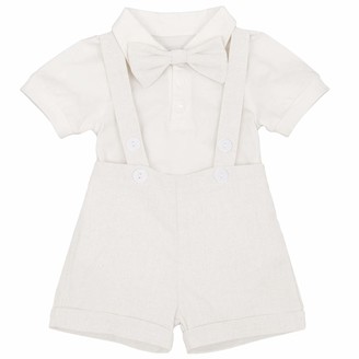 FYMNSI Infant Baby Boy Christening Baptism Outfit Short Sleeve Romper Shirt + Suspenders Linen Shorts Pants + Bow Tie 3pcs Formal Suit Toddler Kids Gentleman Tuxedo Wedding Birthday Party Gray 12-18M