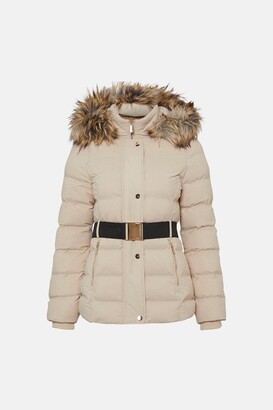 Karen Millen Belted Padded Faux Fur Short Hooded Coat