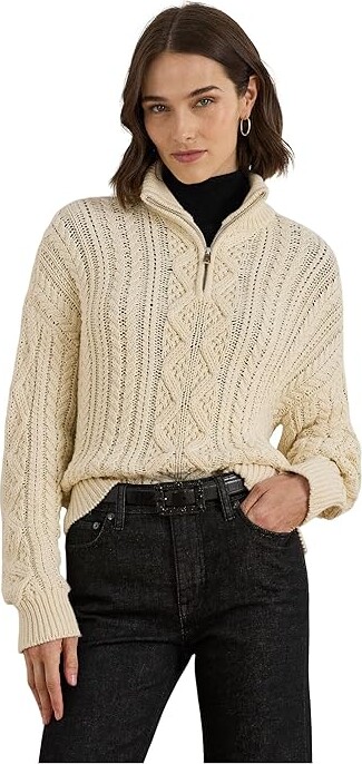 Lauren Ralph Lauren Aran-Knit Cotton Quarter-Zip Pullover Women's Sweater Mascarpone Cream : XS