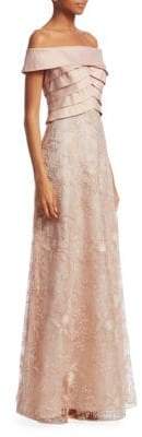 Teri Jon by Rickie Freeman by Rickie Freeman Women's Off-The-Shoulder Sequin Gown - Peach - Size 14