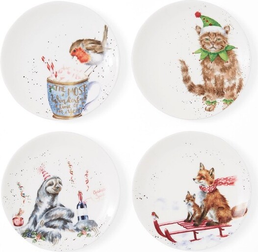 Royal Worcester RoyalWorcesterWrendaleDesignsHoliday6.5"CoupePlate(Setof4)-Sloth,Robin,Fox,&CatMotifs-Microwave&DishwasherSafe-BoneChina