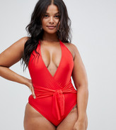 Thumbnail for your product : Unique21 Hero deep plunge halterneck belted swimsuit