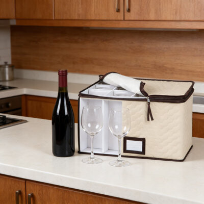 Rebrilliant Stemware Storage Box With Dividers For 12 Glasses Durable Quilted Microfiber Case With Carry Handles Protects Wine Glasses And Fine China