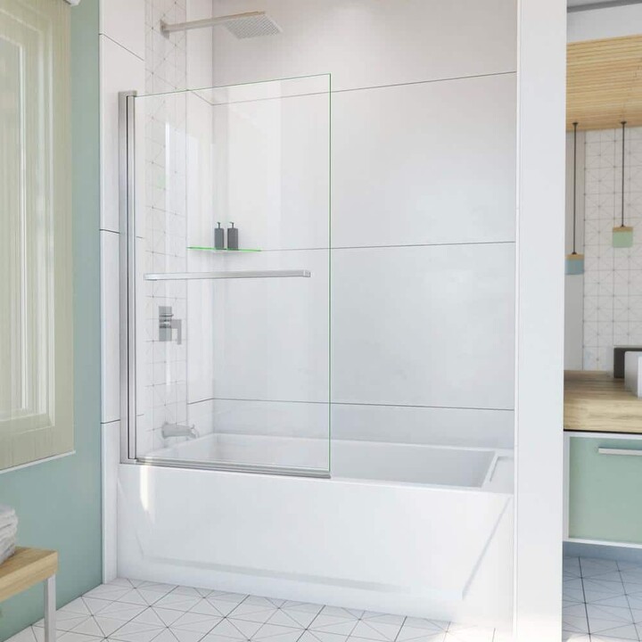 DreamLine Aqua-Q Swing 34 in. W x 58 in. H Pivot Frameless Tub Door in Brushed Nickel with Clear Glass