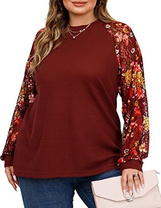OLRIK Plus Size Tops for Women Lace Sleeve Blouse Waffle Knit Long Sleeve  Shirts Army green-3X