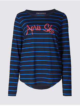M&S Collection Striped Slogan Long Sleeve T-Shirt