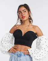 Thumbnail for your product : True Violet exclusive off shoulder sweetheart top in black with contrast polka heart balloon sleeve