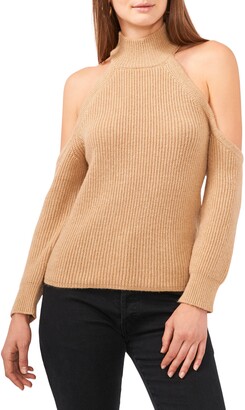 long sleeve cold shoulder mock neck sweater