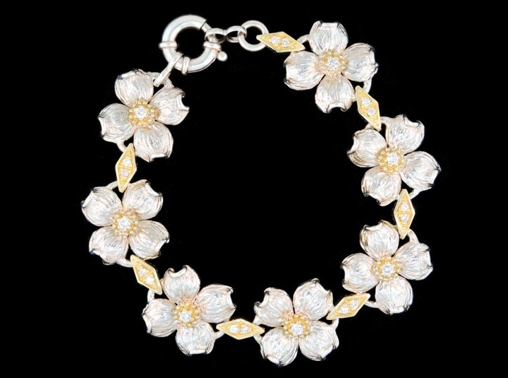 Etsy sterling Silver 18K Yellow Gold & Diamond Dogwood Blossom Bracelet