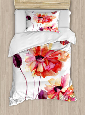Ambesonne Watercolor Painting Poppy Flowers and Buds Artistic Spring Nature Design Duvet Cover Set