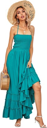 R.Vivimos Women's Summer Boho Halter Neck Backless Long Maxi Dress Sleeveless Ruffle Hem Dresses(Medium