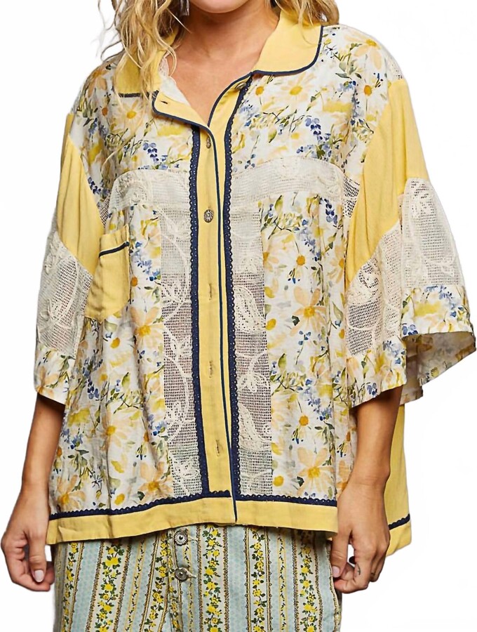 POL Oversized Floral Button Up Top In Lemon Multi