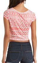 Thumbnail for your product : Charlotte Russe Short Sleeve Tie-Front Printed Crop Top