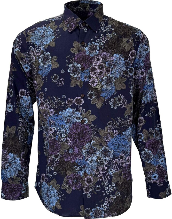 Lords of Harlech Blue Nicoli Marco Floral Cotton Shirt Navy