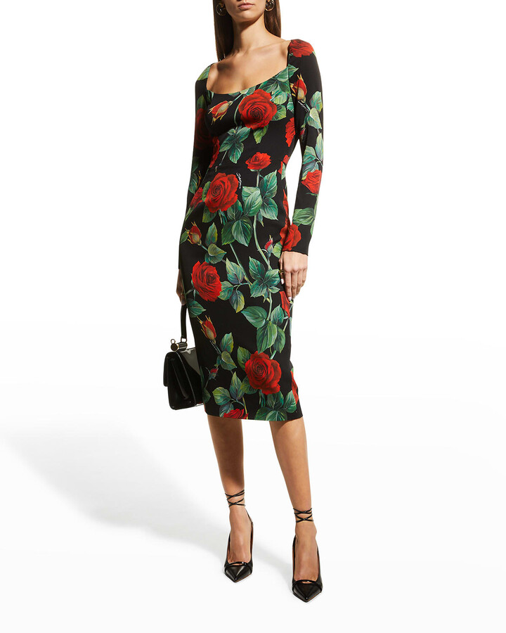 Dolce & Gabbana Rose-Print Midi Sheath Dress - ShopStyle