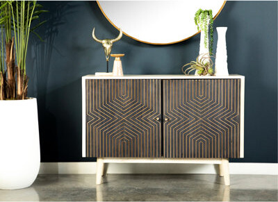 Corrigan Studio 2-Door Freestanding Solid Wood Cabinet With White Washed And Black Finish, Mid-Century Modern, 16 Inches Deep For Living Space Accent Cabinet, Tapered