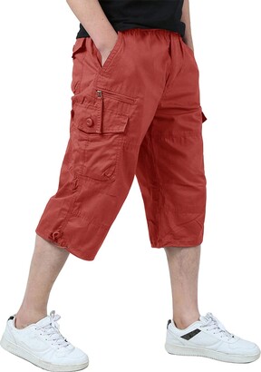 KEFITEVD Men's Cotton 3/4 Capri Shorts Casual Military Elastic Cargo Shorts with Multi Pockets 