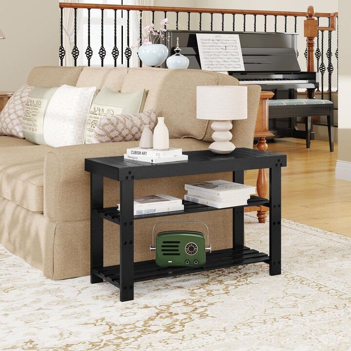 Seafuloy 27.5 in. Black Bamboo Wood Shoe Bench with Gray Cushion-3-Tier Adjustable Shoe Rack, Entryway Storage Bench