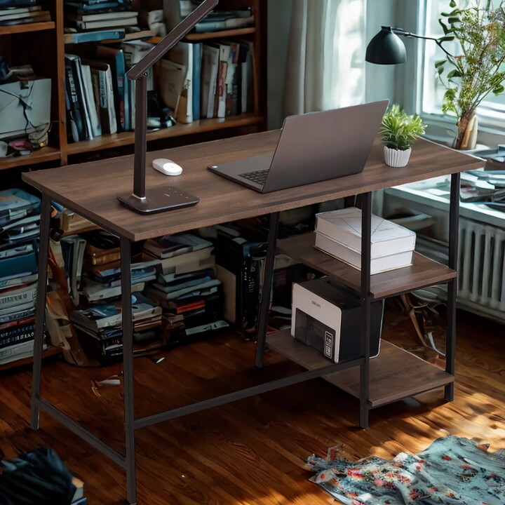 Caffoz 48" Computer Desk with 2-Tier Storage Shelf, Workstation, Space-Saving Wooden Design,Smoky Oak