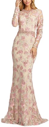 Mac Duggal Floral Applique Long-Sleeve Illusion Sheath Gown