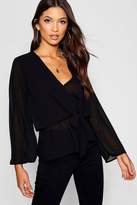 Thumbnail for your product : boohoo Double Layer Tie Detail Woven Pep Hem Blouse