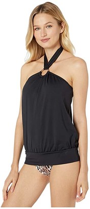 MICHAEL Michael Kors Iconic Solids Blouson Halter Tankini Top (Black) Women's Swimwear