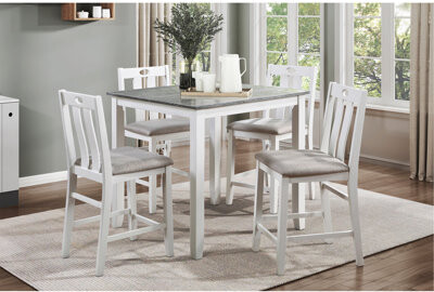 One Allium Way 5-Piece Pack Counter Height Set Weathered Gray And White Table And Fabric Upholstered 4 Chairs Casual Dining Furniture