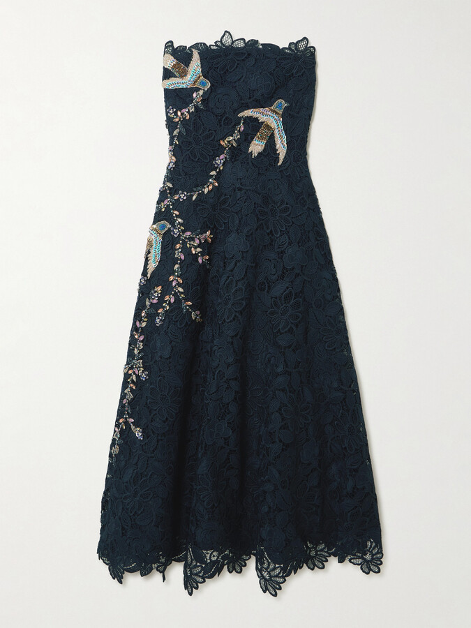 Costarellos Toma Strapless Embellished Guipure Lace Midi Dress - Blue