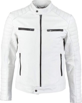 Fashion_First Mens White Leather Jacket Retro Biker Quilted Leather ...
