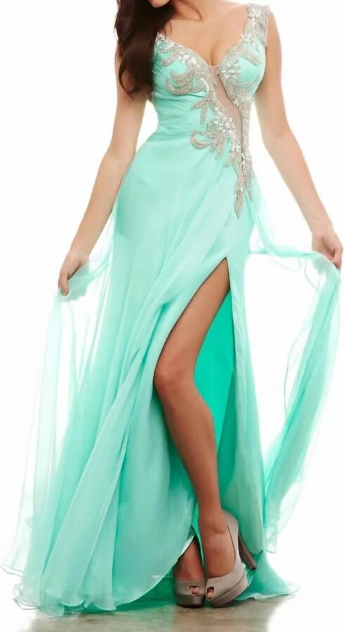 Mac Duggal Embellished Slit Gown In Turquoise