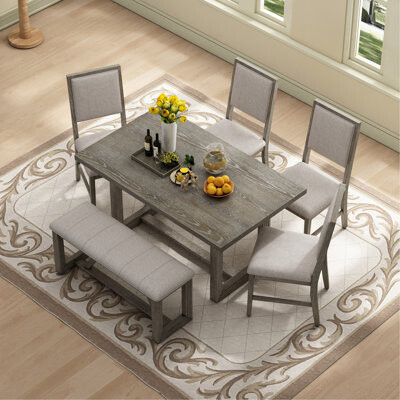 6-Piece Retro Dining Table Set For 6, 60" Wood Kitchen Table And Chairs Set Of 4 With Bench Designed Trestle Base For Kitchen & Dining Room (Gray)
