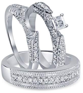 Silvercz Jewels 1.30 Ct Diamond 14k Gold Fn Engagement Wedding Bride & Groom Set Trio Ring