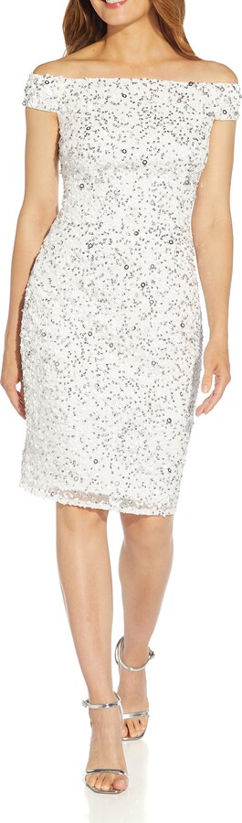 Beaded Off the Shoulder Mesh Cocktail Dress