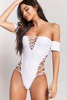 Thumbnail for your product : Forever 21 Off-the-Shoulder Lace-Up One-Piece Swimsuit