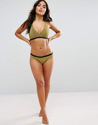 ASOS FULLER BUST Gold Metallic Picot Trim Plunge Bikini Top DD-G