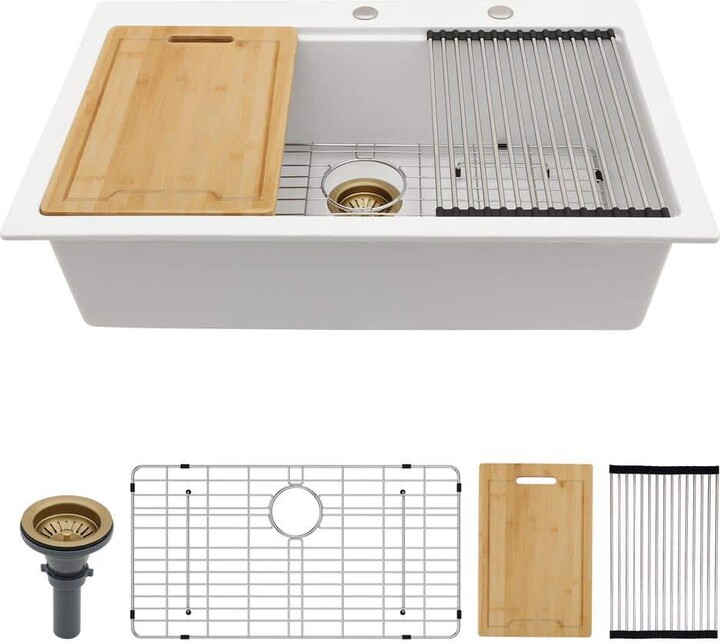 Zeus & Ruta 33 in. Undermount Single Bowl White Granite Composite Kitchen Sink with Cutting Board and Roll-up Rack