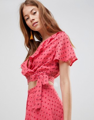 Glamorous Crop Top With Frill Collar And Tie Side In Ditsy Rose Co-Ord