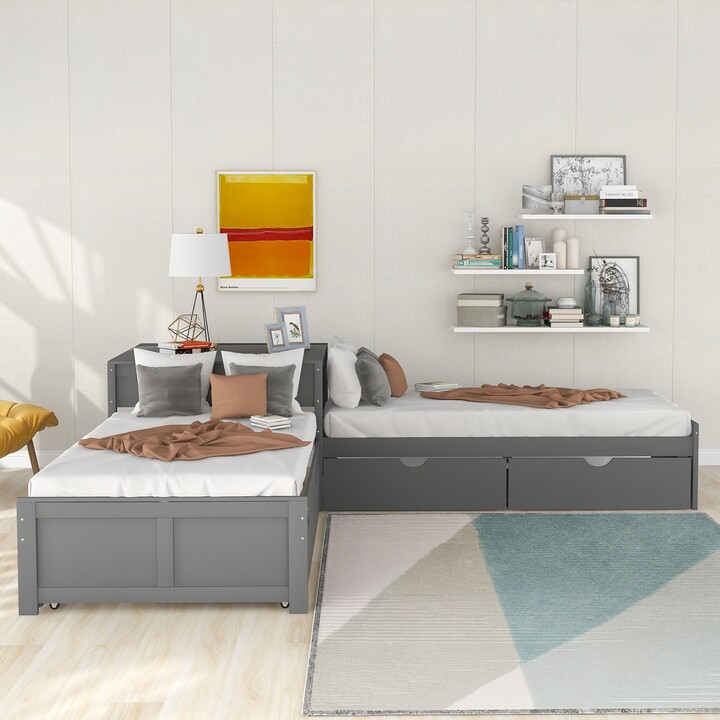Calnod Twin Size LShaped Platform Bed with Trundle & Drawers Linked