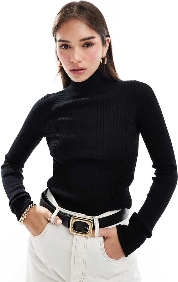ASOS DESIGN knitted roll neck top in engineered rib in black