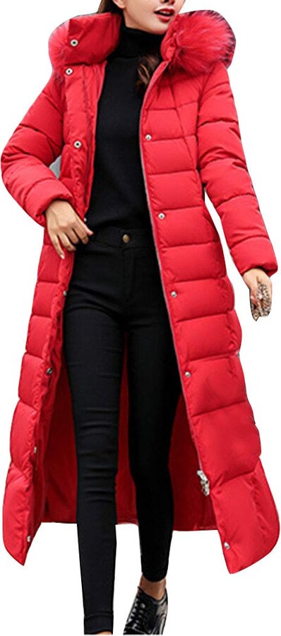 women's red puffer jacket with hood