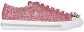Miu Miu - Embellished Glittered Leather Sneakers - Pink