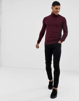 ASOS Design DESIGN muscle fit cable roll neck sweater in burgundy