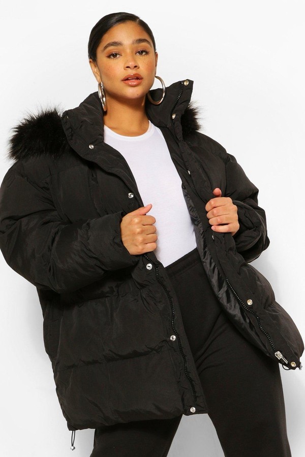 short black puffer jacket with fur hood